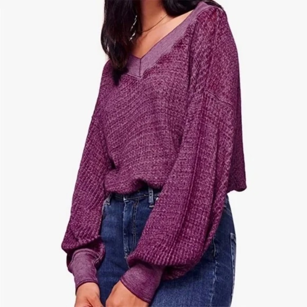 FREE PEOPLE Southside Thermal Purple Sweater Sz XS Oversized Top